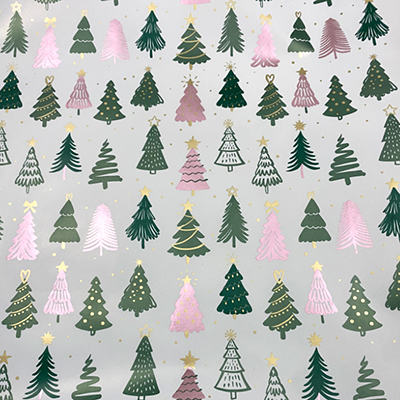 Papier cadeau couché sapins vert/rose 70 cm x 50 m 80 g/m² – le rouleau - Papier cadeaux couchés à motifs