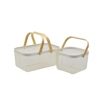 Panier libre-service métal blanc avec poignées bois 13 litres - Paniers libre-service et chariots-1