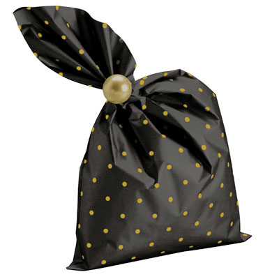Pochette cadeau métallisée noire pois or Amore 35 x 50 cm - Sachet cadeau noir/or - Lot de 50 - Pochettes cadeaux métallisées