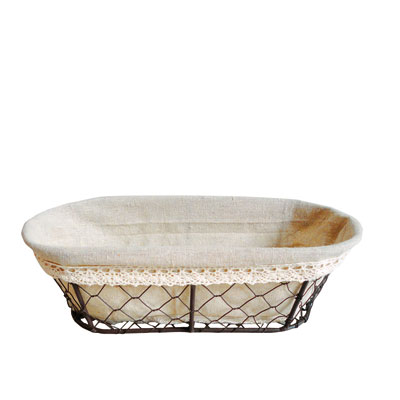 Corbeille métal ovale marron avec tissu beige 25 x 11 x 8 cm  - Corbeilles métal