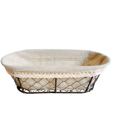 Corbeille métal ovale marron avec tissu beige 30 x 14 x 9 cm  - Corbeilles métal