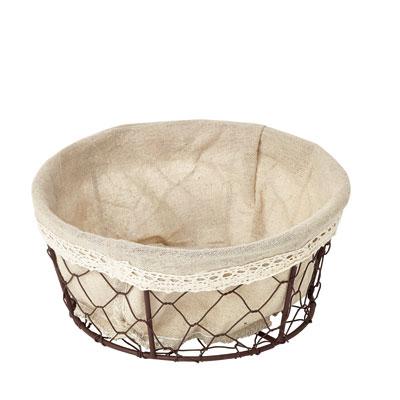 Corbeille métal ronde marron avec tissu beige ø 15,5 x 7 cm - Corbeilles métal