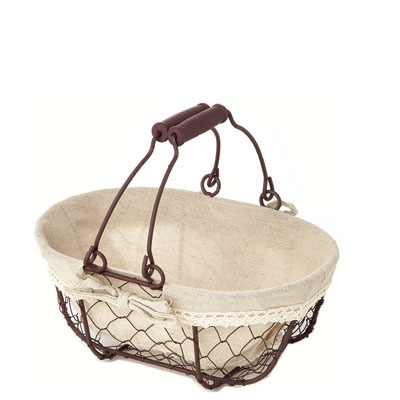 Panier métal ovale marron tissu beige avec 2 anses 24 x 16 x 10 cm - Paniers