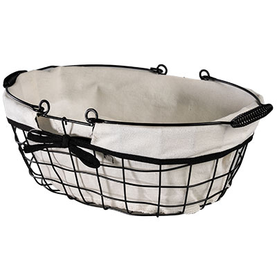 Panier métal ovale noir tissu blanc avec 2 anses 35 x 25 x 13 cm - Paniers