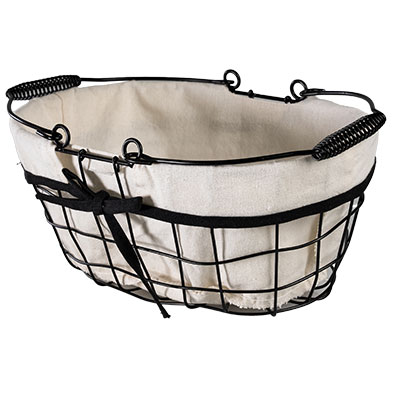 Panier métal ovale noir tissu blanc avec 2 anses 30 x 20 x 13 cm - Paniers