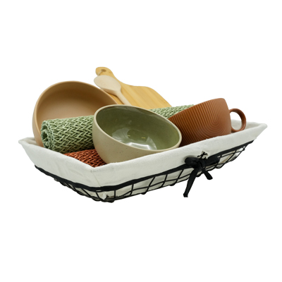 Corbeille métal rectangulaire noire avec tissu blanc 35 x 25 x 8 cm - Corbeilles métal-1