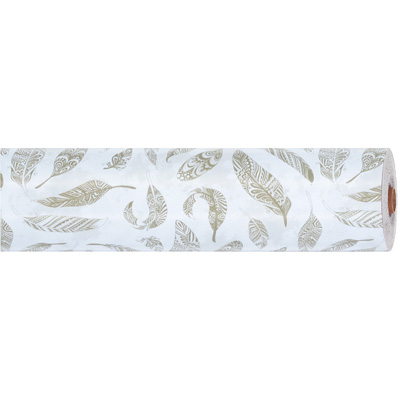 Papier cadeau à motifs plumes taupe/blanc 70 cm x 50 m 65 g/m² - le rouleau - Papier cadeaux couchés à motifs-1