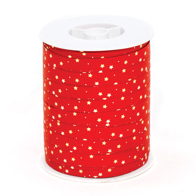 Bolduc rouge étoiles or 10 mm x 250 m polypropylène - Bolducs imprimés et à motifs
