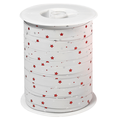 Bolduc blanc étoiles rouge et argent 10 mm x 250 m polypropylène - Bolducs imprimés et à motifs