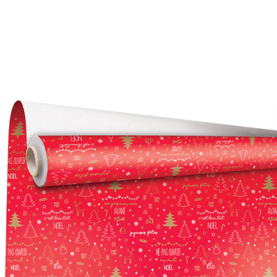 Papier cadeau Jennyfer rouge, blanc & or motifs Noël 70 cm x 50 m 60 g/m² – Le rouleau - Papiers cadeaux à motifs-1