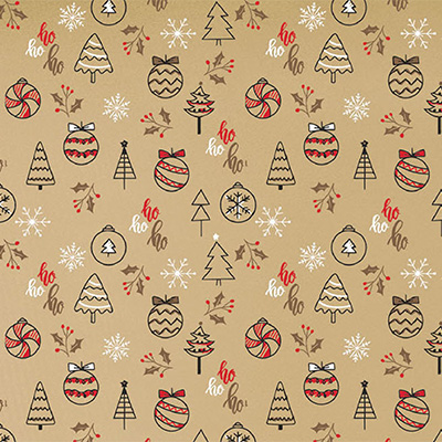 Papier cadeau Oriane kraft brun décor Noël rouge 70 cm x 50 m 60 g/m² - le rouleau - Papiers cadeaux kraft à motifs