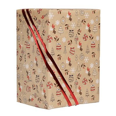 Papier cadeau Oriane kraft brun décor Noël rouge 70 cm x 50 m 60 g/m² - le rouleau - Papiers cadeaux kraft à motifs-2