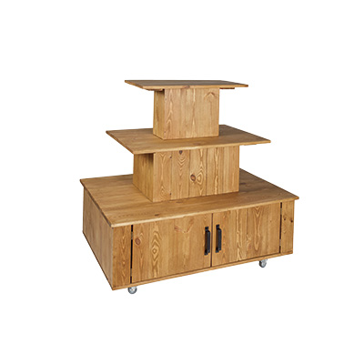 Présentoir central à roulettes 3 niveaux bois massif 119 x 79 x 110 cm - Podium de présentation mobile - Podiums