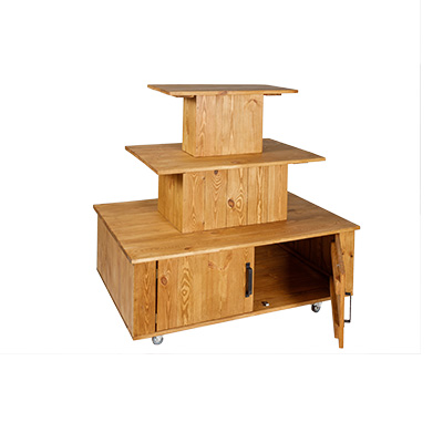 Présentoir central à roulettes 3 niveaux bois massif 119 x 79 x 110 cm - Podium de présentation mobile - Podiums-1