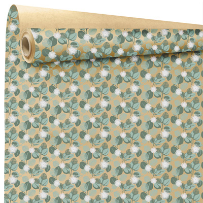 Papier cadeau kraft brun/vert/blanc Eucalyptus 70 cm x 50 m 60g/m² - Papiers cadeaux kraft à motifs-1