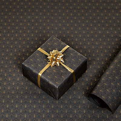 Papier cadeau Art Déco couché blanc 70 cm x 50 m, noir / or, 80 g/m² - Papier cadeaux couchés à motifs-1