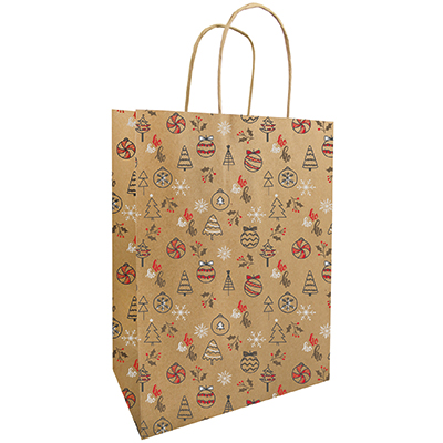 Sac cadeau Noël kraft Oriane 23 + 12 x 30 cm - Paquet de 50 - Sacs kraft à motifs
