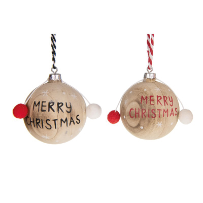 Boule en bois Merry Christmas avec pompons - Décors à suspendre