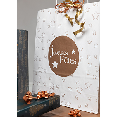 Sac cadeau Noël Joyeuses Fêtes kraft blanc / cuivre 25 + 12 x 31 cm - Paquet de 50 - Sacs kraft à motifs-1