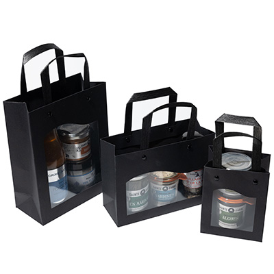 Sac kraft à fenêtre Delicatessen noir 18+8 x H 23 cm poignées plates – Paquet de 10 - Sacs kraft à fenêtre-1