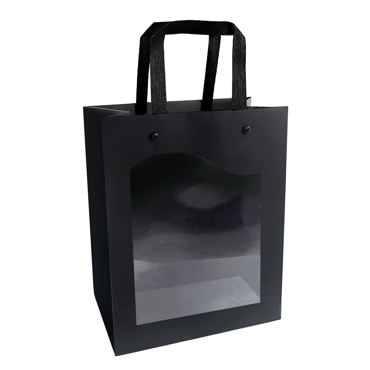 Sac kraft à fenêtre Delicatessen noir 18+8 x H 23 cm poignées plates – Paquet de 10 - Sacs kraft à fenêtre