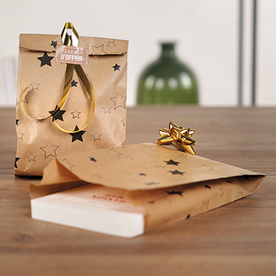 Pochette cadeau papier kraft Étoiles 15 + 9 x H 26 cm - Lot de 250 - Pochettes cadeaux à motifs-1