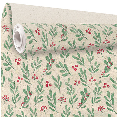 Papier cadeau herbe houx vert/rouge 70 cm x 25 m 65 g/m² – le rouleau - Papiers cadeaux à motifs-1