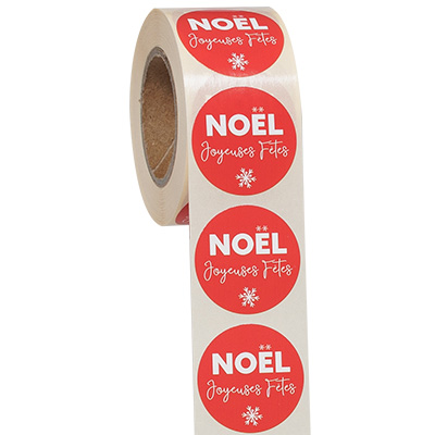 Étiquettes cadeaux adhésives rondes Noël Joyeuses Fêtes rouge/blanc ø35 mm – Paquet de 500 - Étiquettes cadeaux adhésives-1