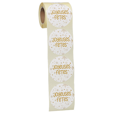 Étiquettes cadeaux adhésives rondes Joyeuses Fêtes flocon or/blanc ø65 mm – Paquet de 200 - Étiquettes cadeaux adhésives-1