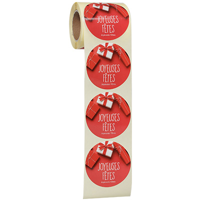 Étiquettes cadeaux adhésives rondes Joyeuses Fêtes rouge/blanc ø65 mm – Paquet de 200 - Étiquettes cadeaux adhésives-1