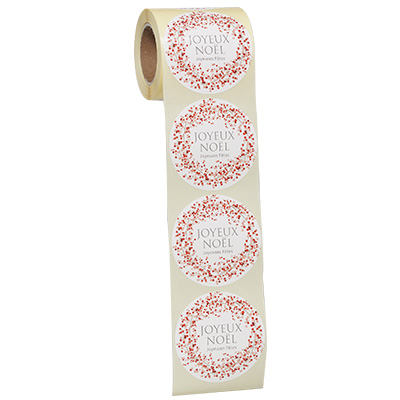 Étiquettes cadeaux adhésives rondes Joyeux Noël couronne fleur rouge/rose ø65 mm – Paquet de 200 - Étiquettes cadeaux adhésives-1