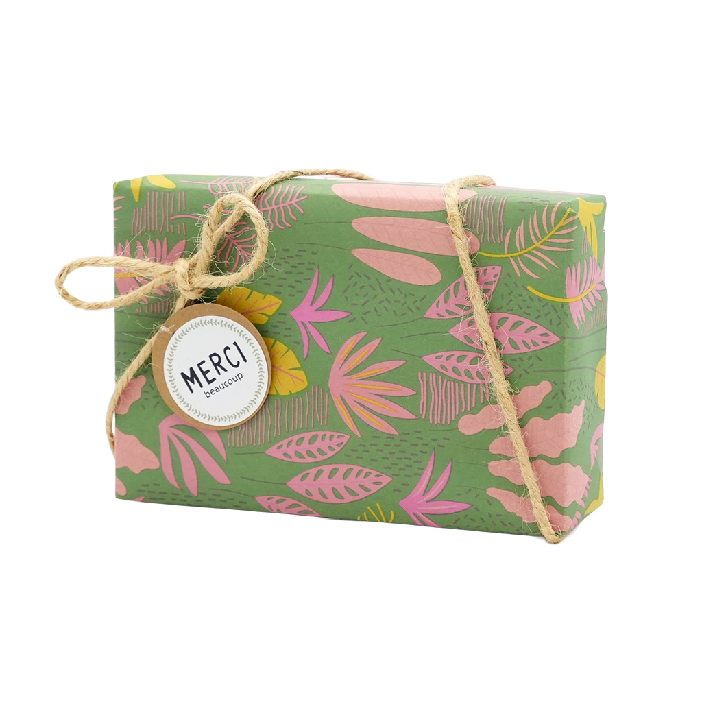 Papier cadeau Éxotique kraft brun 70 cm x 50 m, brun / vert / jaune, 60g/m² - Papiers cadeaux kraft à motifs-1