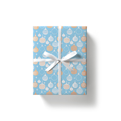 Papier cadeau kraft blanc boules de Noël bleu/or 70 cm x 25 m 60 g/m² – le rouleau - Papiers cadeaux kraft à motifs-1