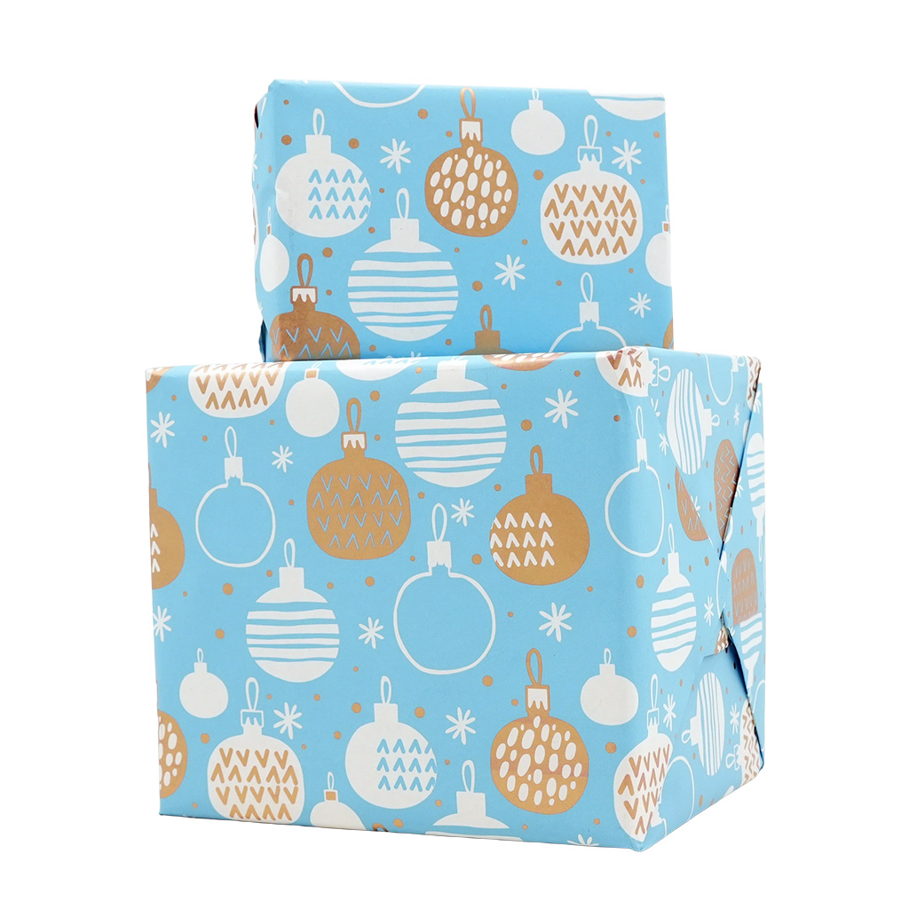 Papier cadeau kraft blanc boules de Noël bleu/or 70 cm x 25 m 60 g/m² – le rouleau - Papiers cadeaux kraft à motifs-2