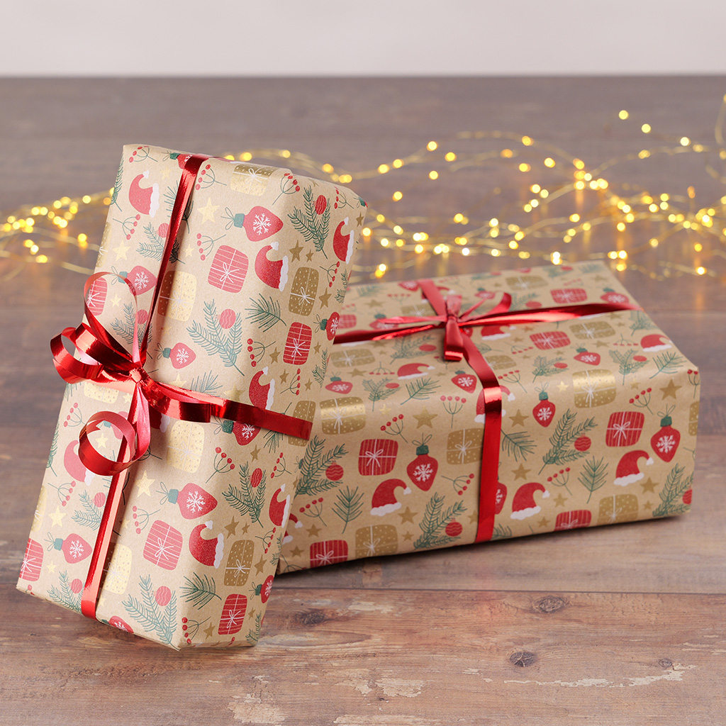 Papier cadeau kraft brun motifs Noël rouge/vert 70 cm x 50 m 65 g/m² – le rouleau - Papiers cadeaux kraft à motifs-4