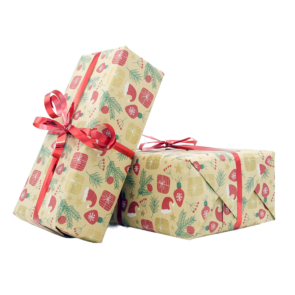 Papier cadeau kraft brun motifs Noël rouge/vert 70 cm x 50 m 65 g/m² – le rouleau - Papiers cadeaux kraft à motifs-3