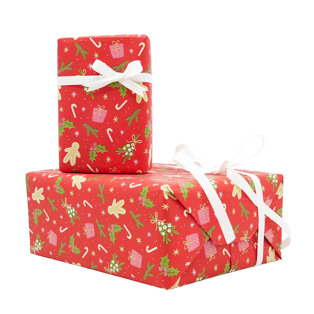 Papier cadeau couché rouge motifs Noël vert 70 cm x 50 m 80 g/m² – le rouleau - Papier cadeaux couchés à motifs-2