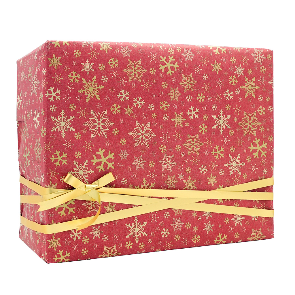Papier cadeau kraft brun rouge flocons or 70 cm x 50 m 65 g/m² – le rouleau - Papiers cadeaux kraft à motifs-1