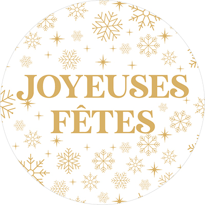 Étiquettes cadeaux adhésives rondes Joyeuses Fêtes flocons or/blanc ø65 mm – Paquet de 200 - Étiquettes cadeaux adhésives
