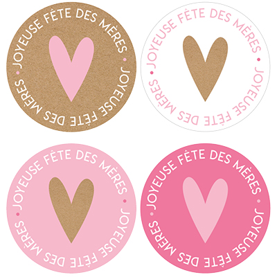 Étiquettes Fête des Mères, étiquettes cadeaux Fête des Mères ø 35 mm, assortiment brun / rose / blanc - Étiquettes cadeaux adhésives