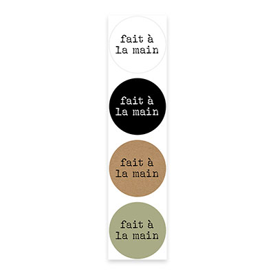 Étiquettes cadeaux adhésives rondes combi Fait à la main brun/noir/vert/blanc ø35 mm – Paquet de 500 - Étiquettes cadeaux adhésives