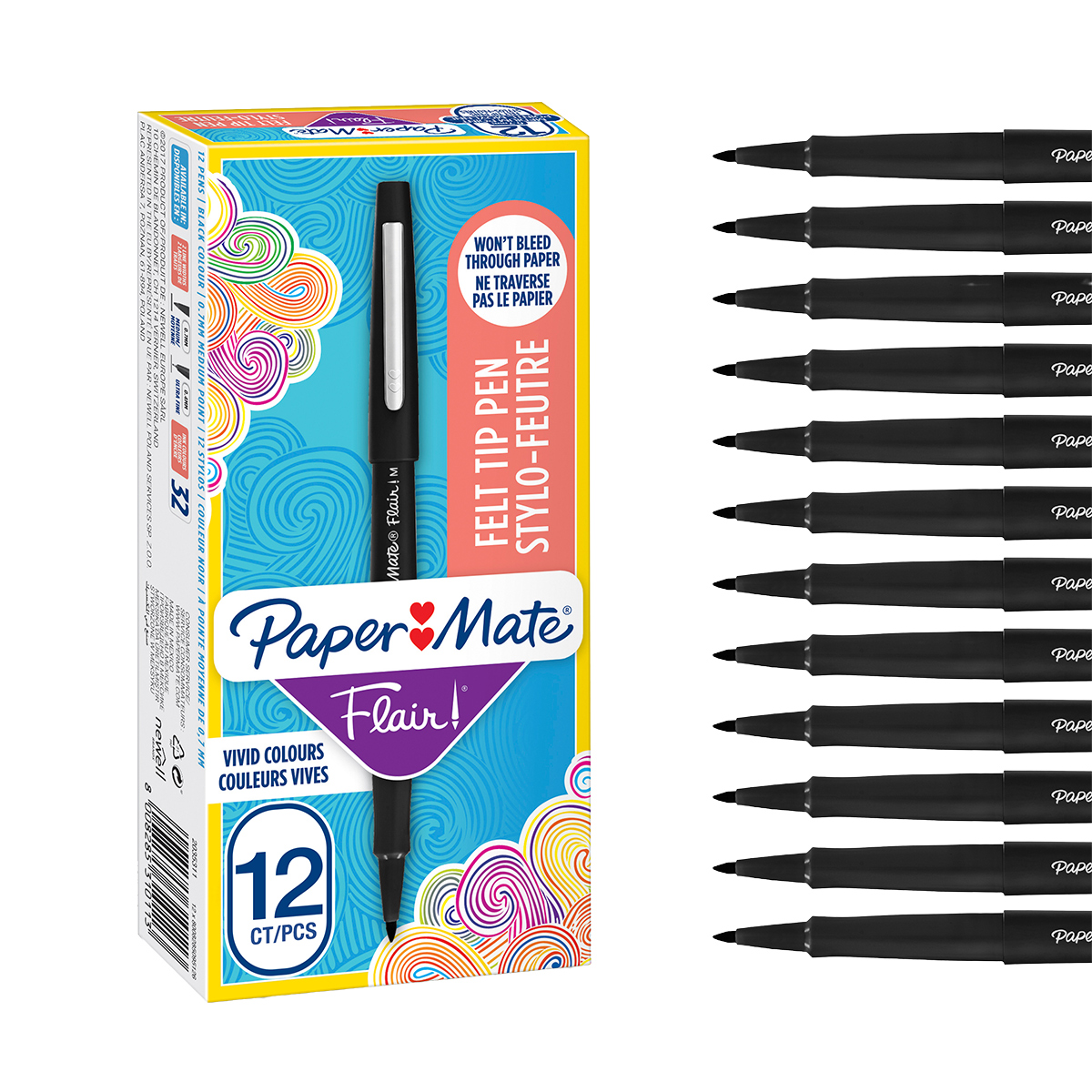 Stylo feutre Paper Mate Flair Noir, feutre fin pointe moyenne 0,7mm - Pack de 12 - Stylos feutres-2