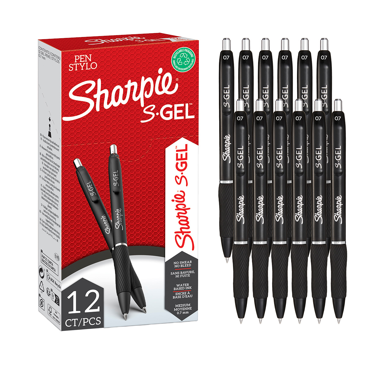 Stylo gel noir Sharpie S-Gel pointe moyenne 0,7 mm retractable - Pack de 12 - Stylos billes