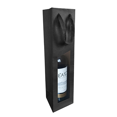 Sac kraft 1 bouteille noir mat avec fenêtre, poignées ruban 9,5 + 9,1 X 38,5 cm - Paquet de 10 - Sacs pour bouteilles de vin