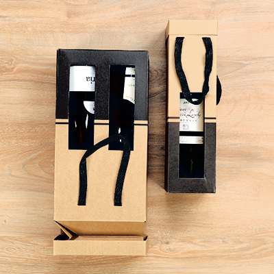 Sac pop-up 2 bouteilles brun/noir à fenêtre poignées papier 19+9,5x38,5 cm – Paquet de 10 - Sacs pour bouteilles de vin-3