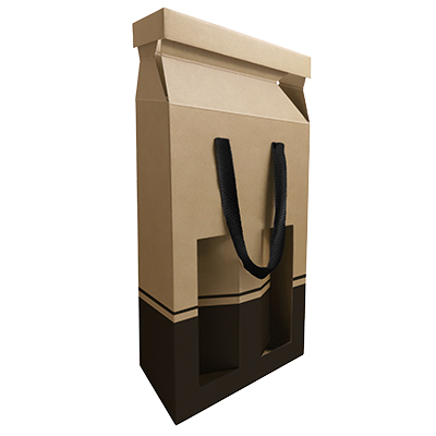 Sac pop-up 2 bouteilles brun/noir à fenêtre poignées papier 19+9,5x38,5 cm – Paquet de 10 - Sacs pour bouteilles de vin