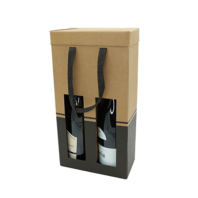 Sac pop-up 2 bouteilles brun/noir à fenêtre poignées papier 19+9,5x38,5 cm – Paquet de 10 - Sacs pour bouteilles de vin-2
