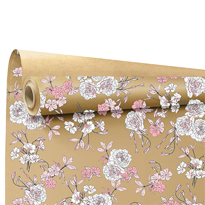 Papier cadeau kraft brun Boudoir 2 fleurs blanc/rose 70 cm x 50 m 60 g/m² – le rouleau - Papiers cadeaux kraft à motifs