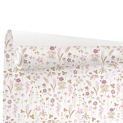Papier cadeau kraft blanc vergé Ysée fleurs blanc/rose 70 cm x 50 m 60 g/m² – le rouleau - Papiers cadeaux à motifs