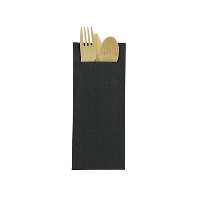 Pochette à couverts noire + serviette blanche 20 x 8,5 cm – Lot de 500 - Serviettes en papier-1